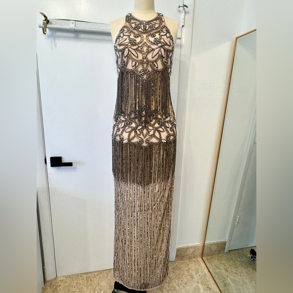 Handmade Dresses & Skirts - Heavily Beaded Halter Gown – Open Back Sheer Fringe Maxi Dress Glam Formal